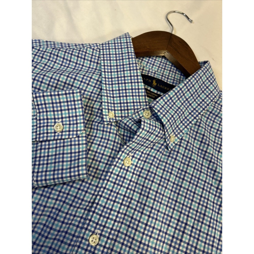 Polo Ralph Lauren Button‎ Down Shirt Long Sleeve Blue Plaid Stretch Mens 's XL
